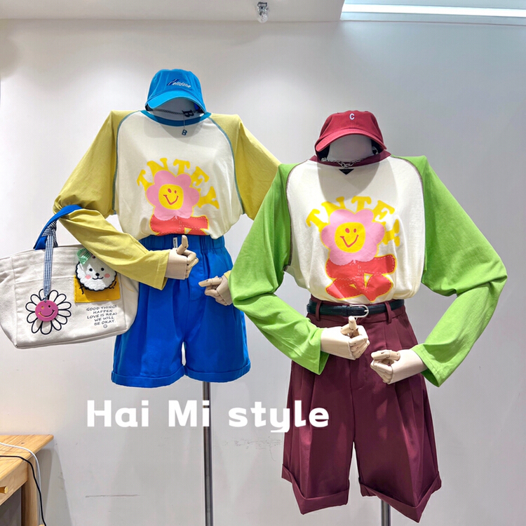 [Helmi] Korean version contrast color printed letter loose sun shirt 1915\wtt