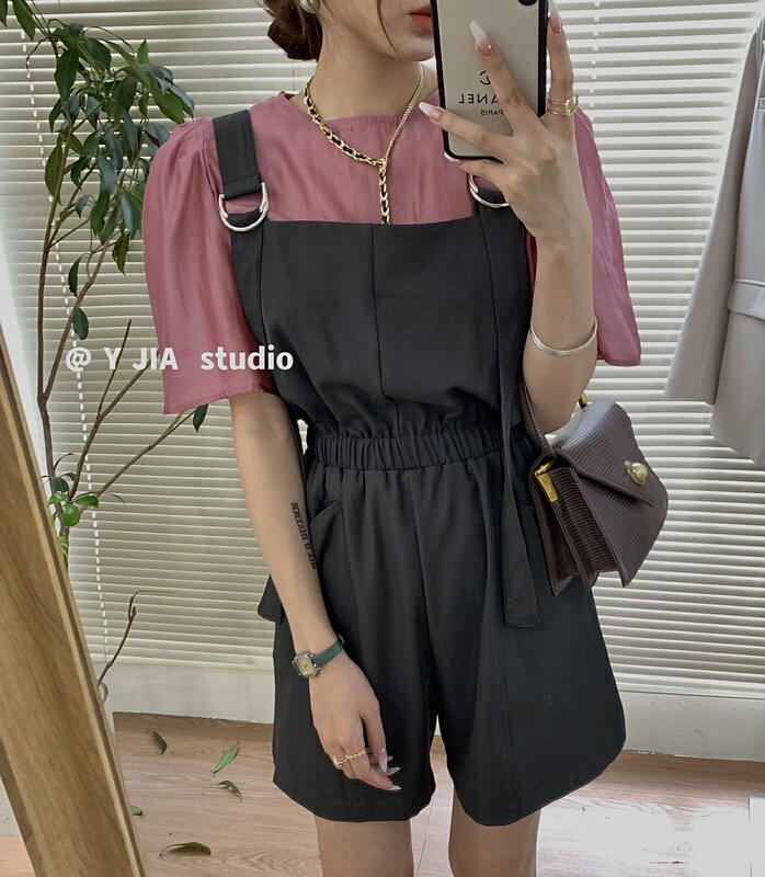 [y.jia EJA] simple bubble sleeve short sleeve T-shirt + design fashion suspender suit ys1-1052\pcz
