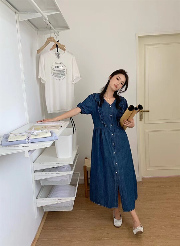 【E】 Fashionable and versatile V-neck breasted dress j056\y