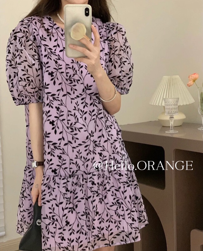 [orange] small fresh round neck floral dress 8882\hbx