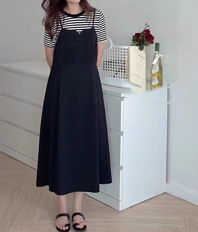 [JH] net red stripe short sleeve T-shirt + suspender Dress Set (only sell set) 41989\pcz