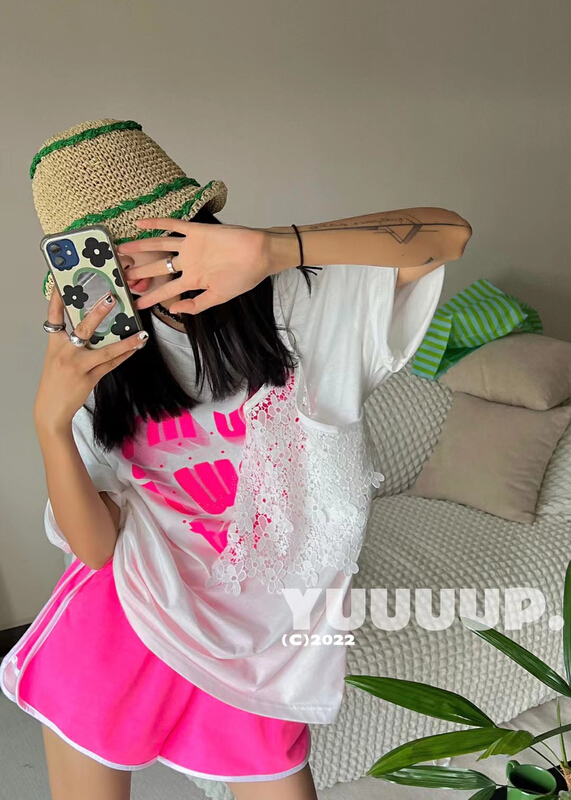 [fish Yu] heavy industry hot drill splicing lace printed short sleeve T-shirt 622188