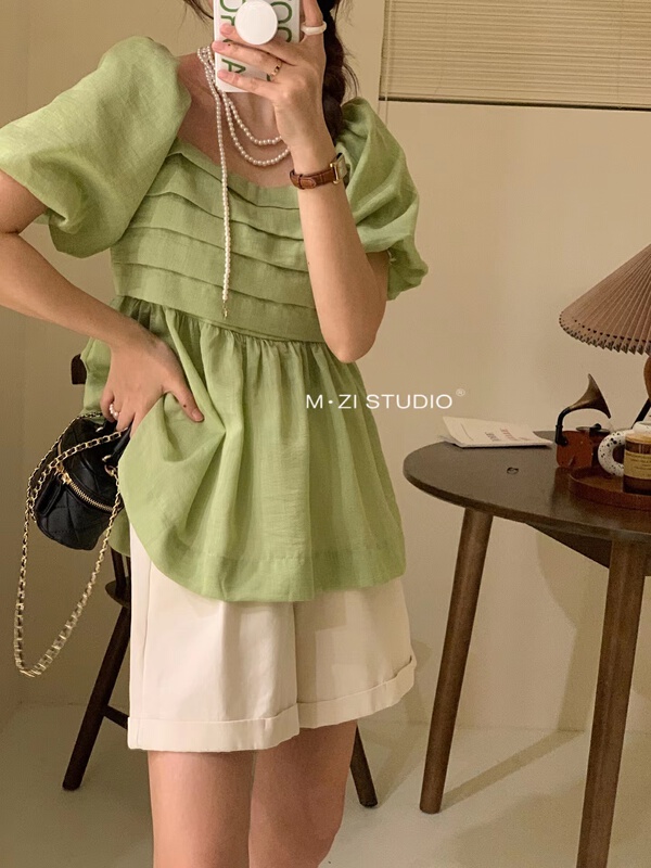 [m.zi studio] square neck style wrinkled bubble sleeve shirt 5823\hbx