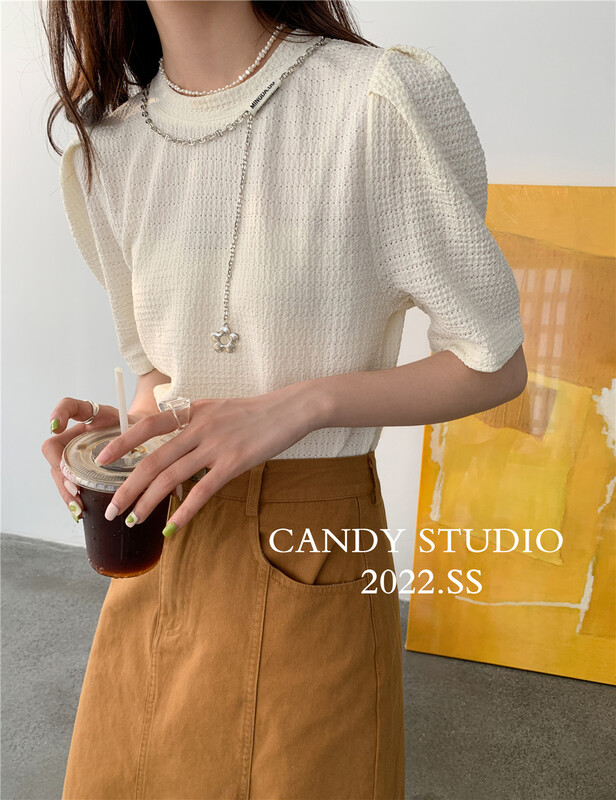 [candy] Korean texture bubble sleeve short short sleeve T-shirt (without chain) ys1-7106\zsy