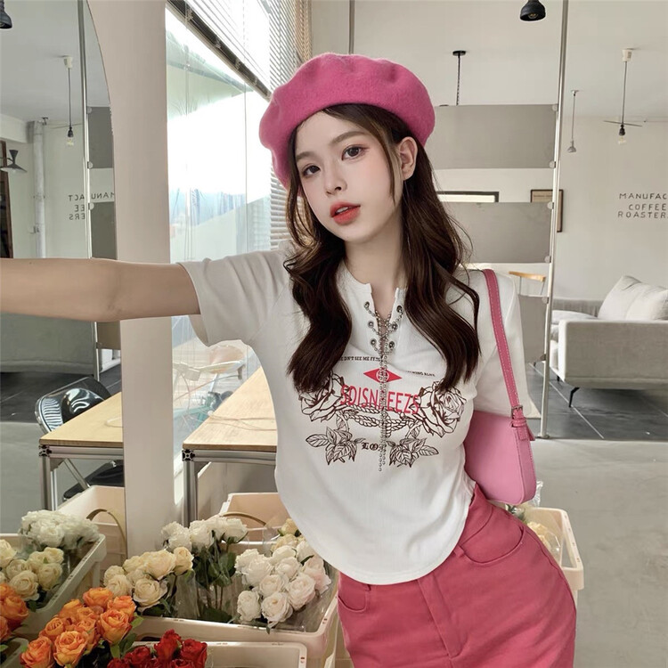 [Julia] rose fashion printed short sleeve T-shirt (with detachable chain) 1022\pcz