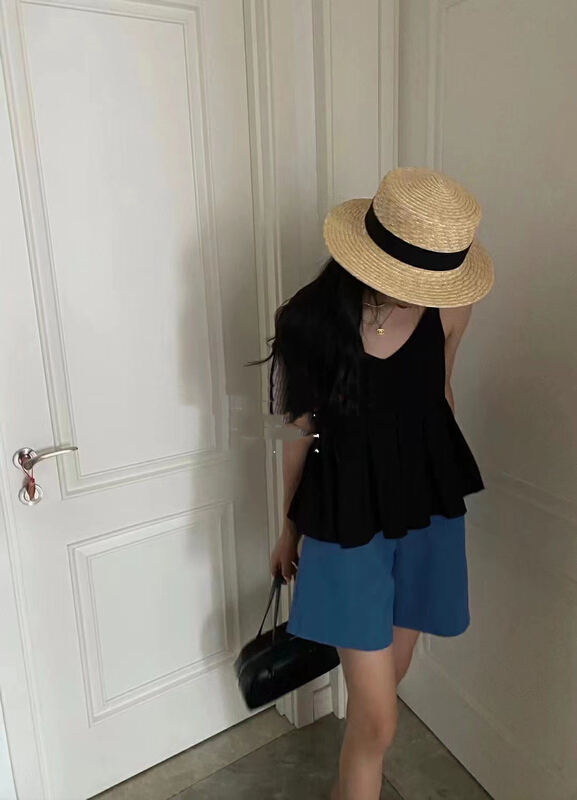 [mi ni] solid color loose sling Vest + casual shorts two piece suit 1302\pcz