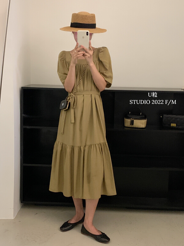 [U grain] Korean style square neck loose dress (with belt) 6110\hbx