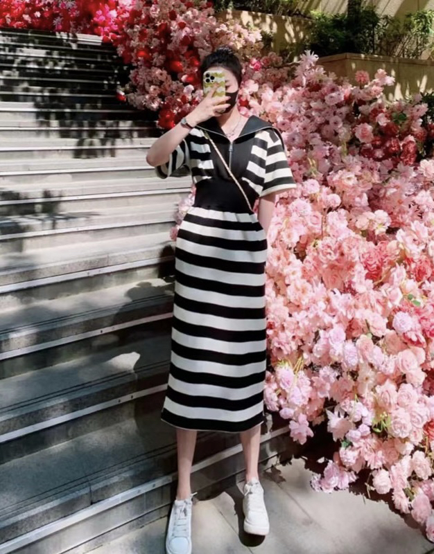 Live broadcast ⑨! [JH] Navy collar contrast stripe slim dress 42045\pcz