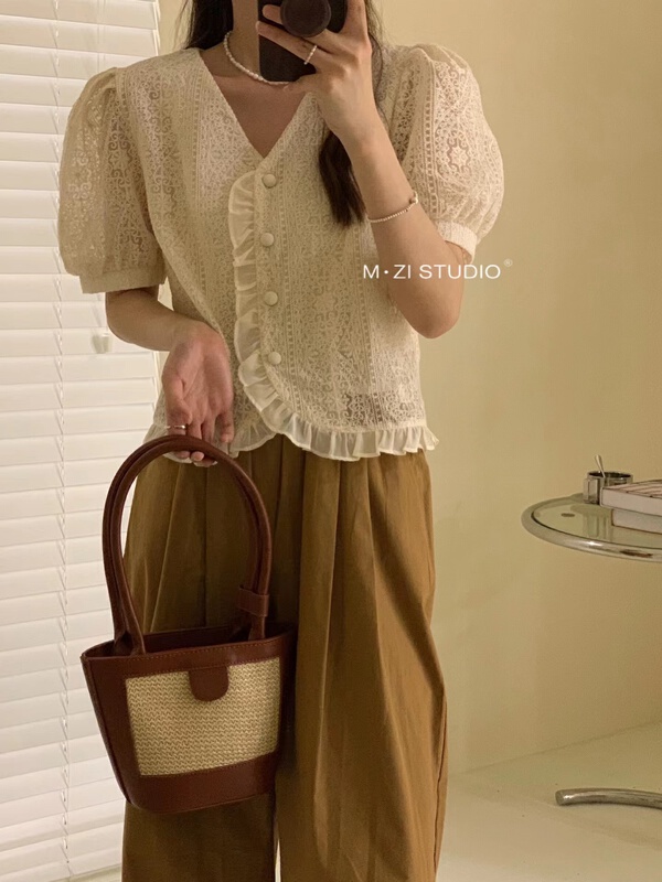 [m.zi studio] V-neck embroidery lace blouse 5898\hbx