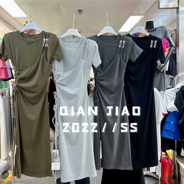 [Qian Jiao QIANJIAO] solid color design pressure Pleated Dress 6943\pcz