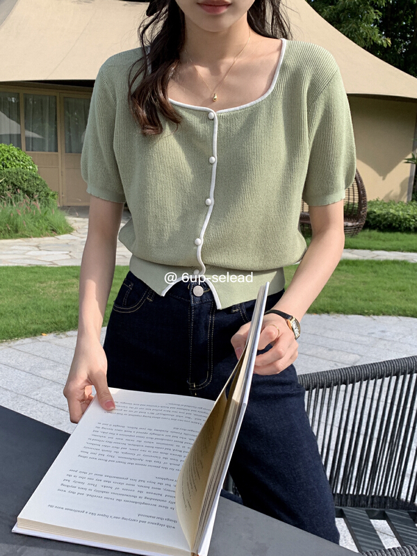 [6-up] Korean version square neck contrast short T-shirt 68293\xj