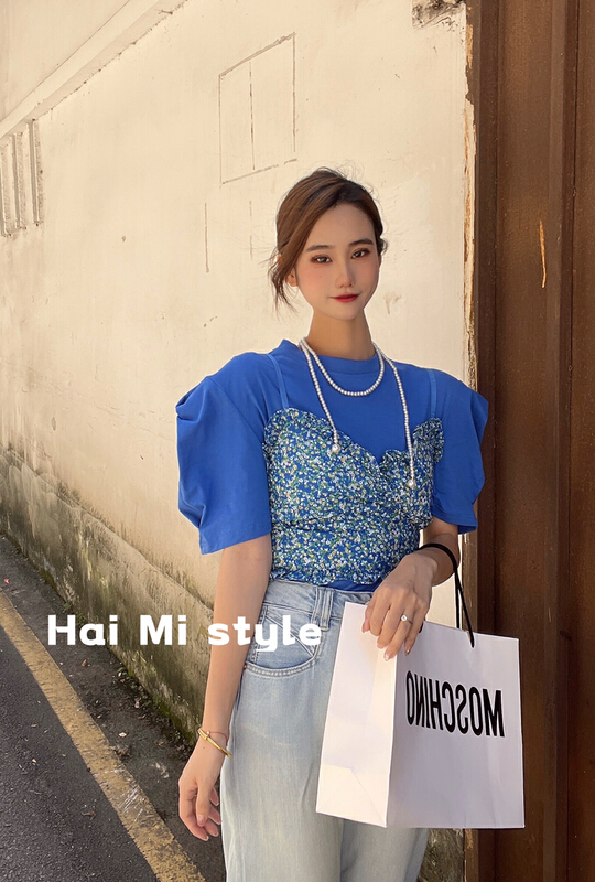 In early summer! [Helmi] Korean fashion floral suspender + shoulder pad short sleeve T-shirt set (only selling sets) 1793\wtt