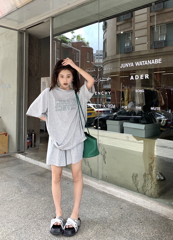 [11An] simple atmospheric short sleeve T-shirt + elastic waist casual Shorts Set a6683\lsl