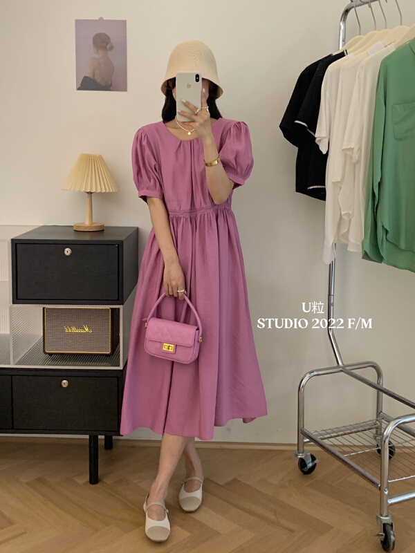 [U grain] French round neck bubble sleeve waist dress 70026\hbx