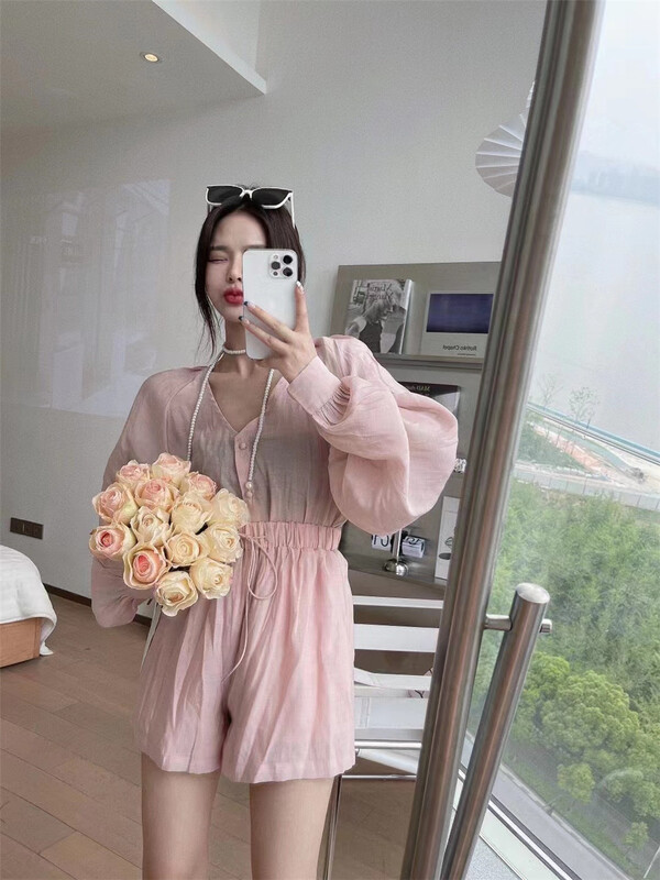 [FC] loose V-Neck long sleeve Tencel blouse + versatile casual Shorts Set 1132\pcz