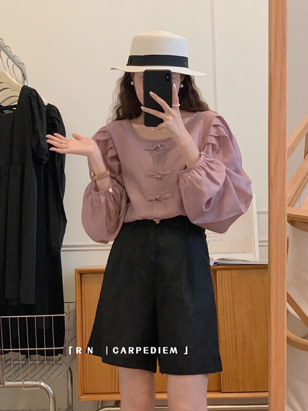 [R n] bubble sleeve Tencel retro Chinese disc button age reducing shirt 81300\ll