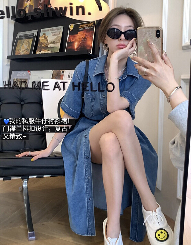 [y.jia EJA] simple temperament slim fitting denim shirt dress (with belt) 5591\pcz