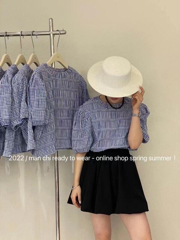 [free studio] Han Shu checked Round Neck Shirt 2283\hjy