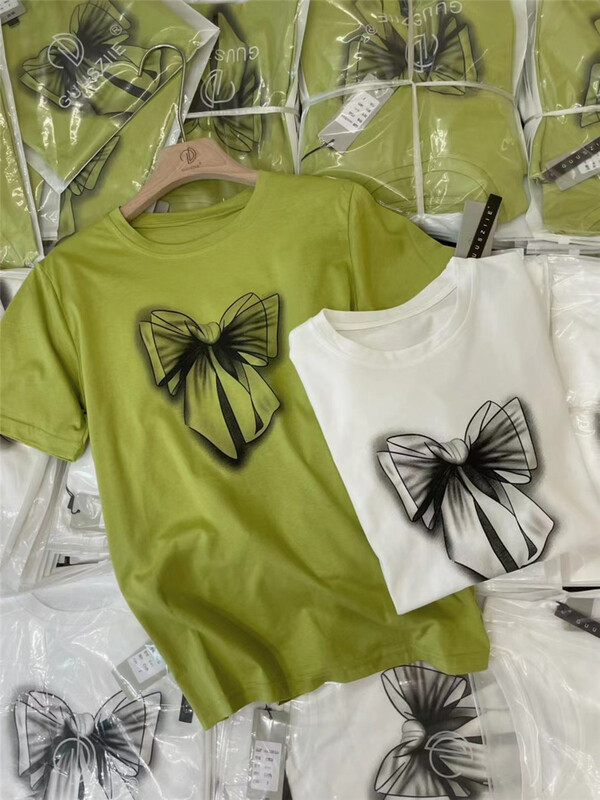 [ancient symbol] casual and versatile bow printed short sleeve T-shirt 8143\hjy
