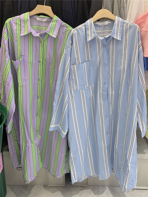 [sanbara] Korean fashion contrast color vertical stripe long sleeve dress 9578\lsw
