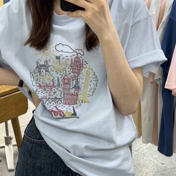 [Li Bai] versatile simple round neck Abstract printing loose college basic short sleeve T-shirt 2823-5\ll