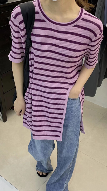 [h-xl] Japanese stripe split versatile T-shirt m3039\ll