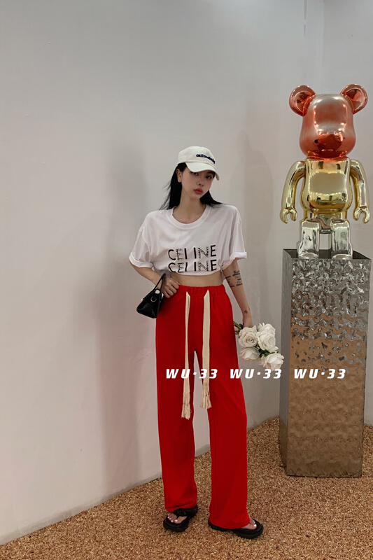 [wu.33] simple loose contrast tie casual pants 22336\wtt