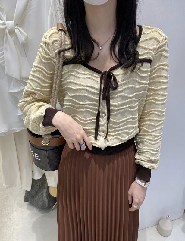 [LMK] Korean fashion contrast color lace up single breasted knitted cardigan 1610\hjy