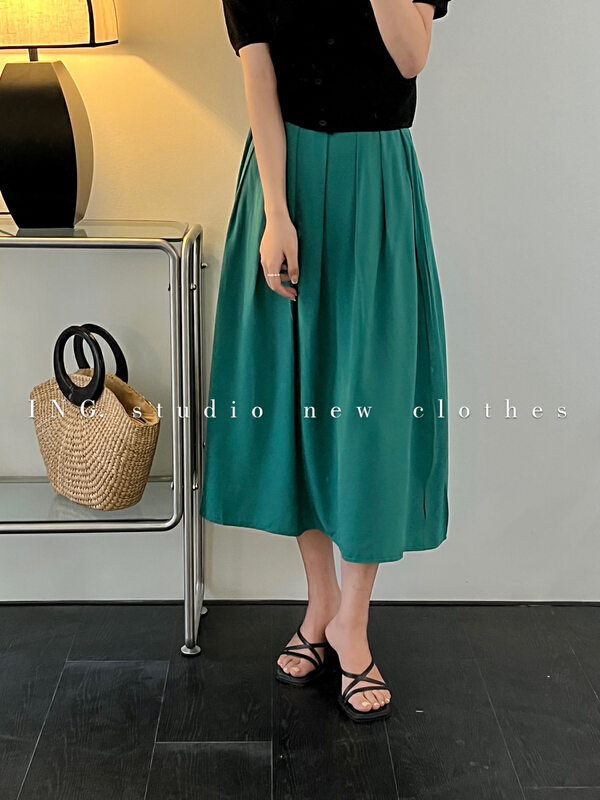 [ing] Korean pure color semi elastic waist thin skirt 7836