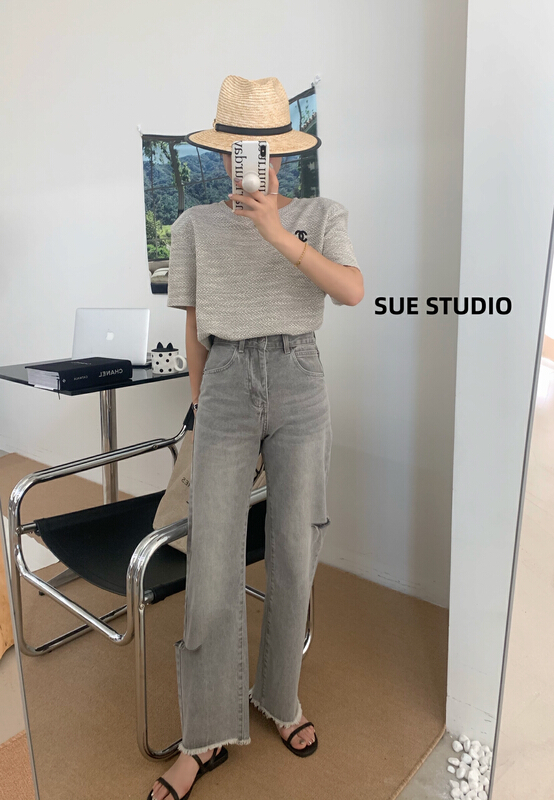 [Sue studio] straight hole versatile jeans 8310\zjy