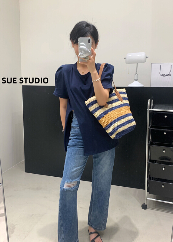 [Sue studio] side slit shoulder pad clear short sleeve T-shirt 22310\zjy