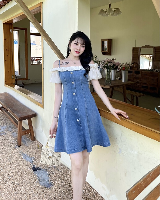 [mi2 (n:aa)] lady temperament off shoulder color contrast dress b6325\jj
