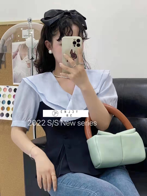 [enjoy · Yueji] Korean color blocking flounce short shirt 8660# PCZ