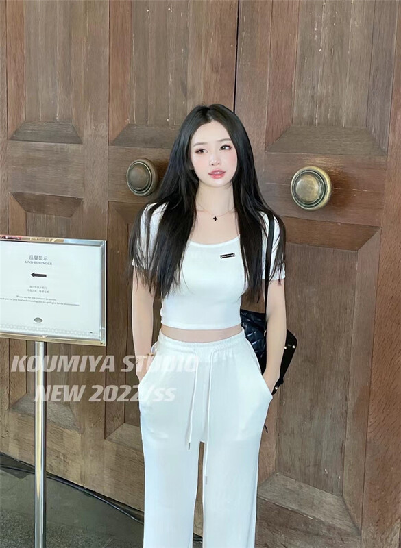 [koumiya] short back drawcord cut-out T-shirt + long versatile casual pants set 9937\pcz