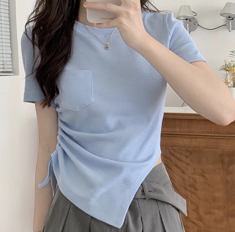【 miss sumey millet 】 round neck drawstring irregular short sleeve T-shirt 2436\hbx