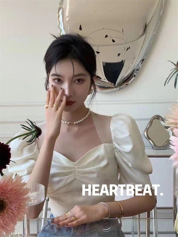 [hearteat] square neck bow pure color temperament shirt (only selling shirts) 590\zjy