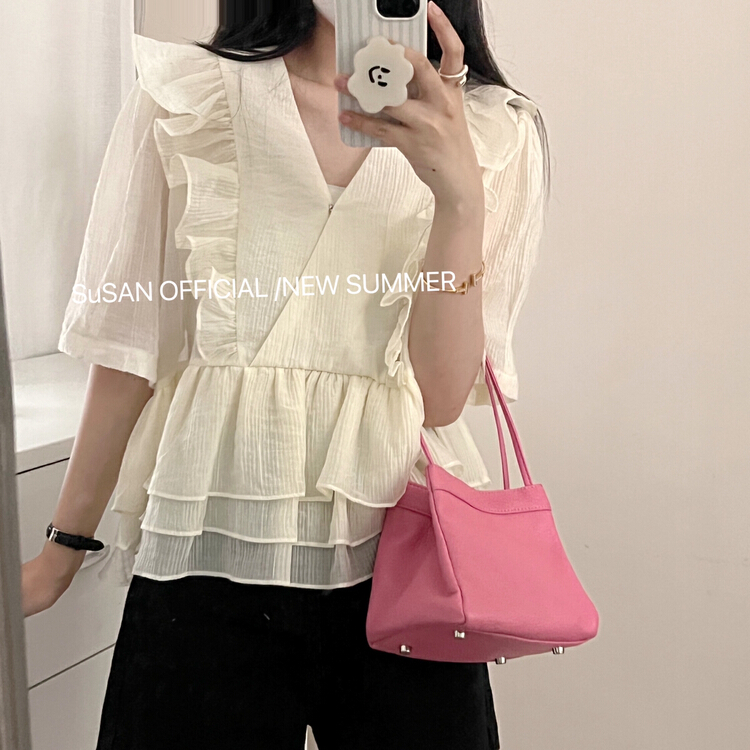 [Susan] V-neck style fungus edge shirt 19102\lsw
