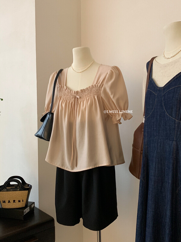 [Imiss] Korean version soft bubble sleeve Square Neck Shirt cx7093\lsw