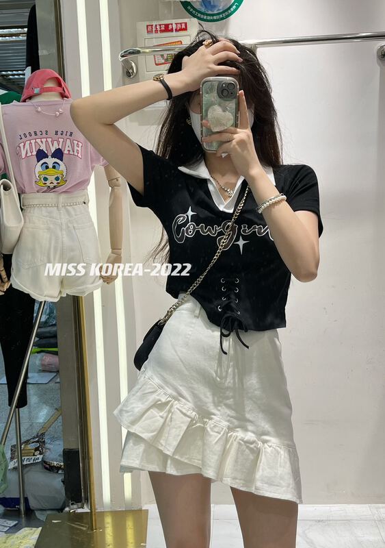 [Miss Korea] a small and unique hot girl drawstring short sleeve T-shirt 6832\hbx