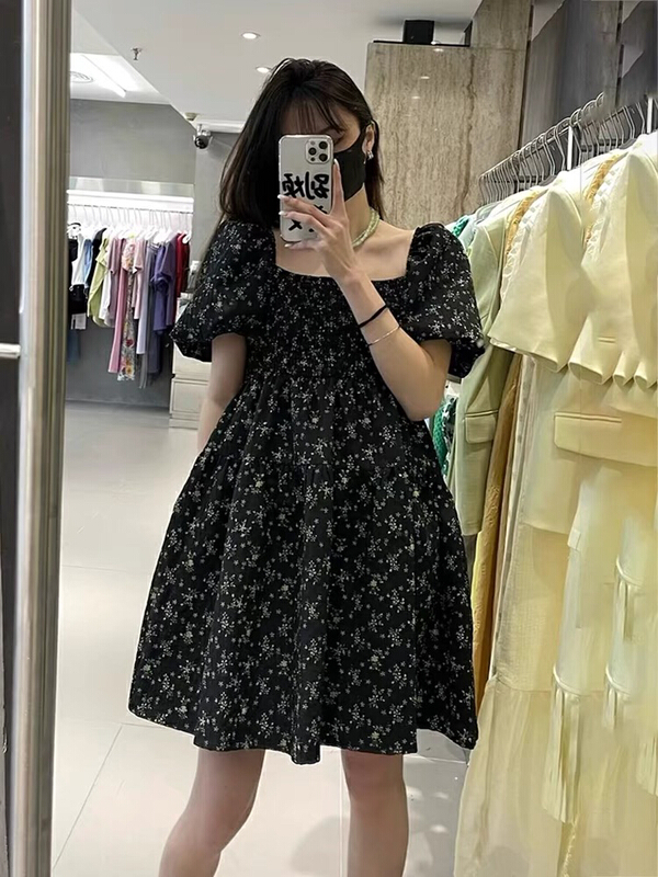 【 mi 】 French style bubble sleeve small floral waist dress (dress only) 9739\pcz