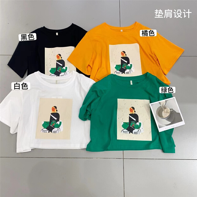 [muzijia] casual round neck printed shoulder pad short sleeve T-shirt 66962\xyy