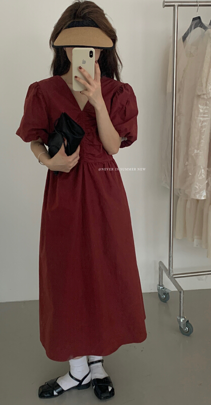 [jin.c] Korean V-neck Pleated Dress h3091\xyy