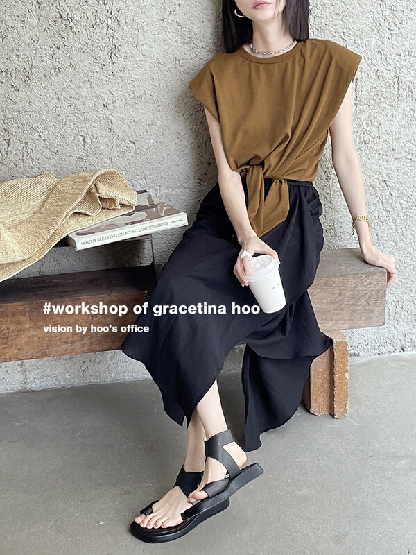 [gracetina Hoo] design feeling knotted shoulder pad sleeveless vest / sling t2171
