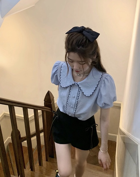 [savage] Korean pure color high waist stitched PU leather casual shorts e8363\wpl