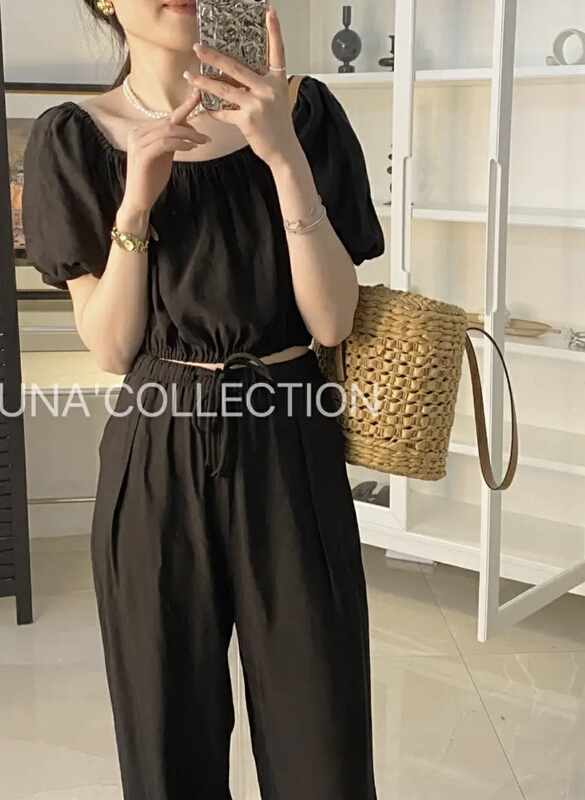 [y.jia EJA] off shoulder bubble small shirt and mop Pants Set 5002