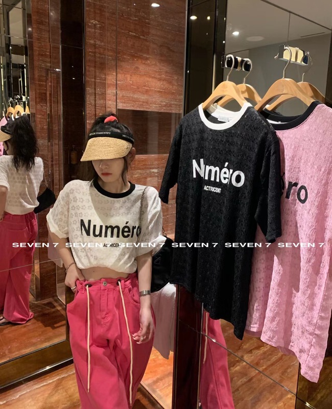 [seven 7] lace lettered print Pullover short sleeve T-shirt 8221\wtt