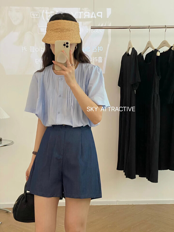 [sky] crew neck crimping versatile fashion shirt 663-1\hbx