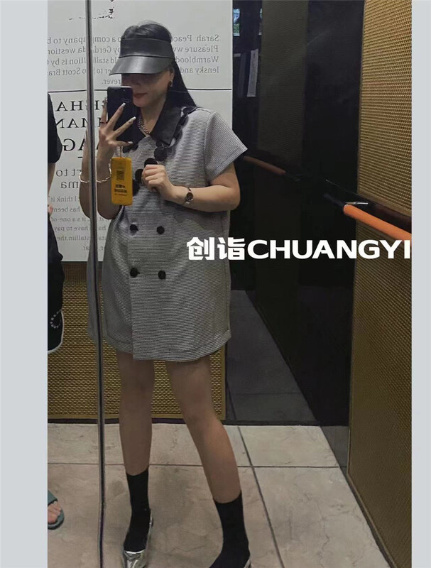 【 Chuangyi 】 double breasted fashion color matching dress 5580\lsw