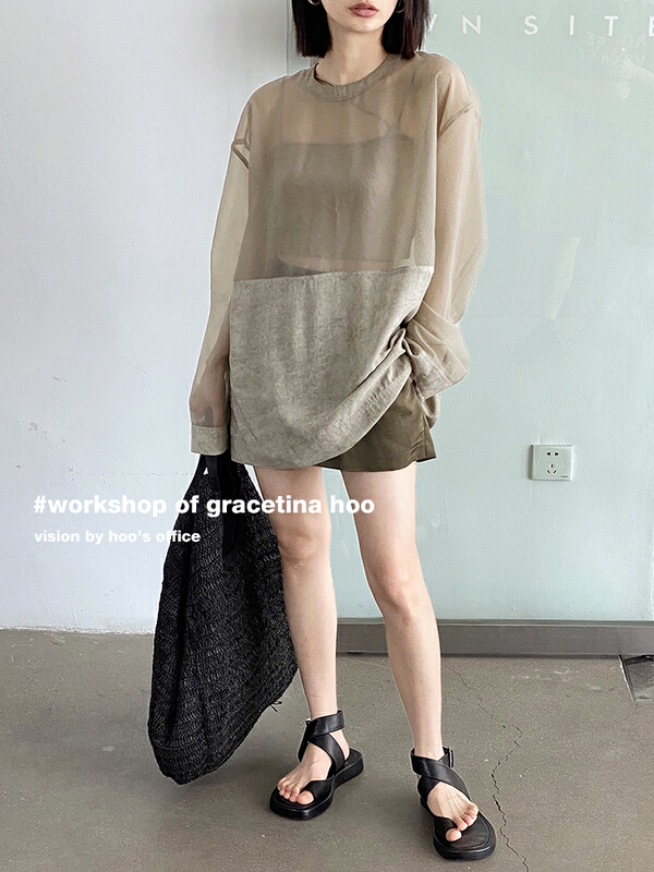 [gracetina Hoo] soft skin friendly and clean color mesh splicing shirt cs5193