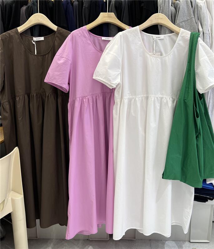 [sanbara] Korean version solid color loose round neck bubble sleeve dress 9626\lsw
